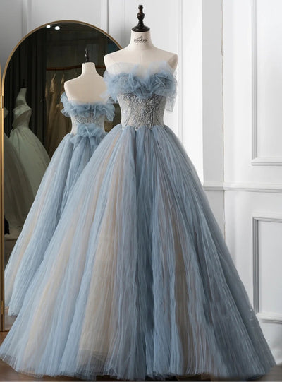 Blue Tulle Lace Pleats Strapless Prom Dress