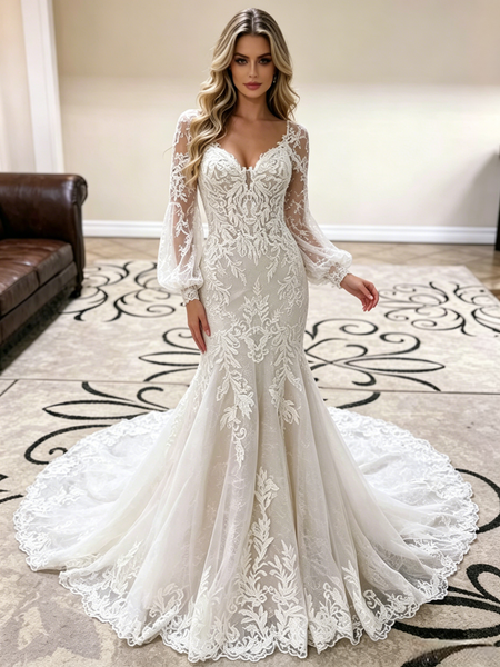 White Mermaid Lace Long Sleeve Wedding Dress