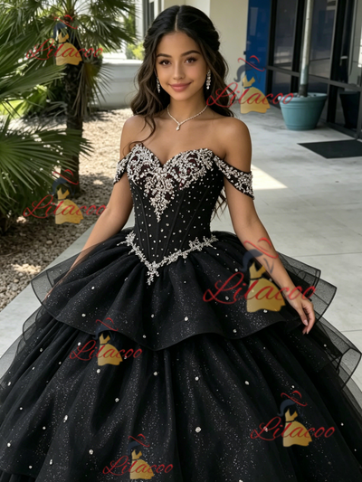 Black Tuller Off the Shoulder Beading Quinceanera Dress