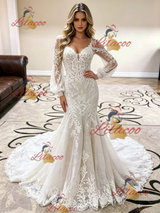 White Mermaid Lace Long Sleeve Wedding Dress