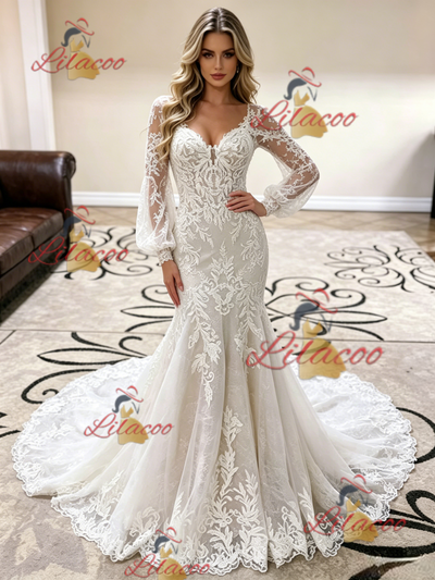 White Mermaid Lace Long Sleeve Wedding Dress