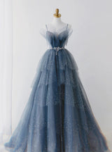 Blue Tulle Tiers Beading Prom Dress