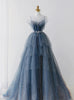 Blue Tulle Tiers Beading Prom Dress