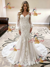 White Mermaid Lace Long Sleeve Wedding Dress