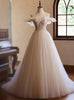 Champagne Tulle Lace Spaghetti Straps Beading Wedding Dress