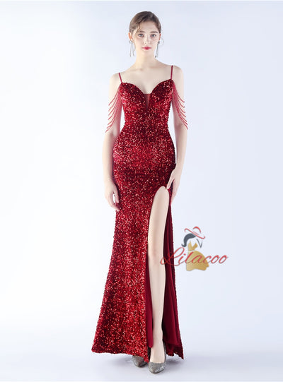 Spaghetti Straps Sequins Beading Prom Dress