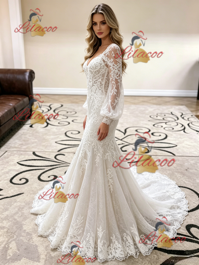 White Mermaid Lace Long Sleeve Wedding Dress