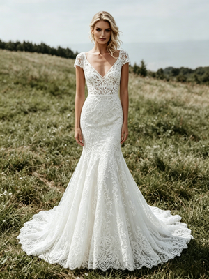 White Mermaid Lace V-neck Cap Sleeve Wedding Dress