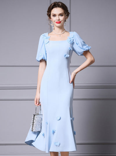 Puff Sleeve Flower Beading Mother Of The Bride Dress