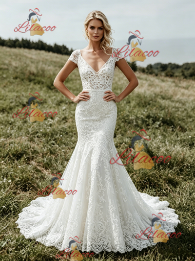 White Mermaid Lace V-neck Cap Sleeve Wedding Dress