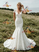 White Mermaid Lace V-neck Cap Sleeve Wedding Dress