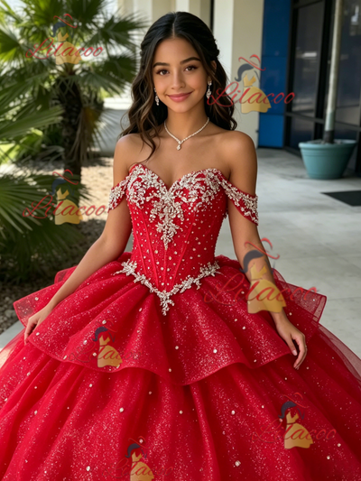 Red Off the Shoulsder Beading Quinceanera Dress