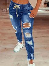 High Waist Ripped Elastic Waist Drawstring Jeans
