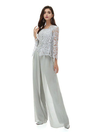 Gray Chiffon Lace 3 Piece Mother Of the Bride Dress