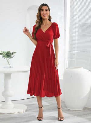 V-neck Pleated Lantern Sleeve Dress