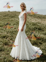 White Mermaid Lace V-neck Cap Sleeve Wedding Dress