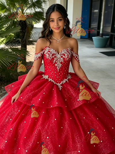 Red Off the Shoulsder Beading Quinceanera Dress