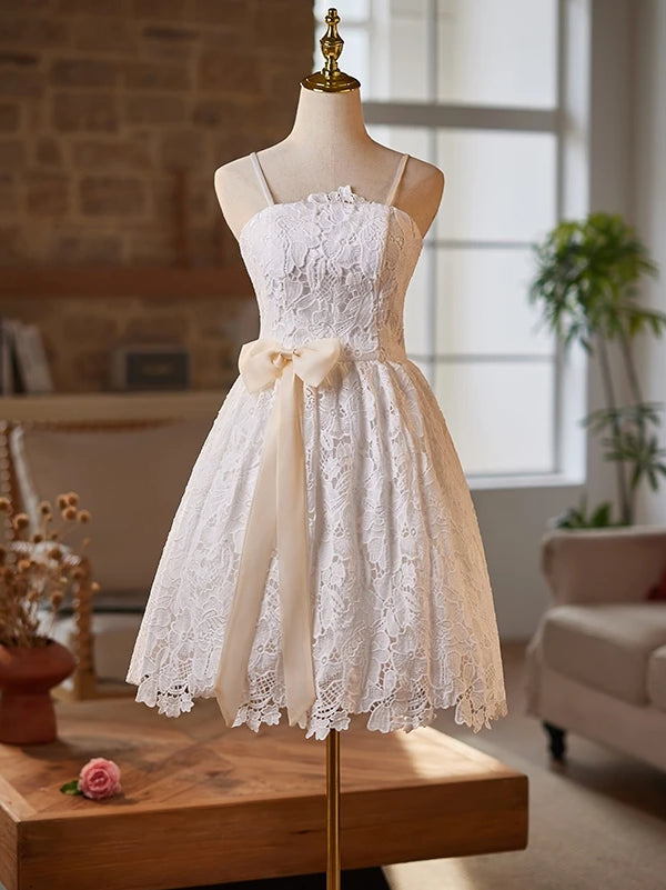 White Lace Straps Homecoming Dress