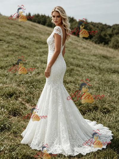 White Mermaid Lace V-neck Cap Sleeve Wedding Dress