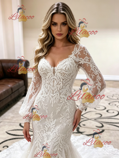 White Mermaid Lace Long Sleeve Wedding Dress