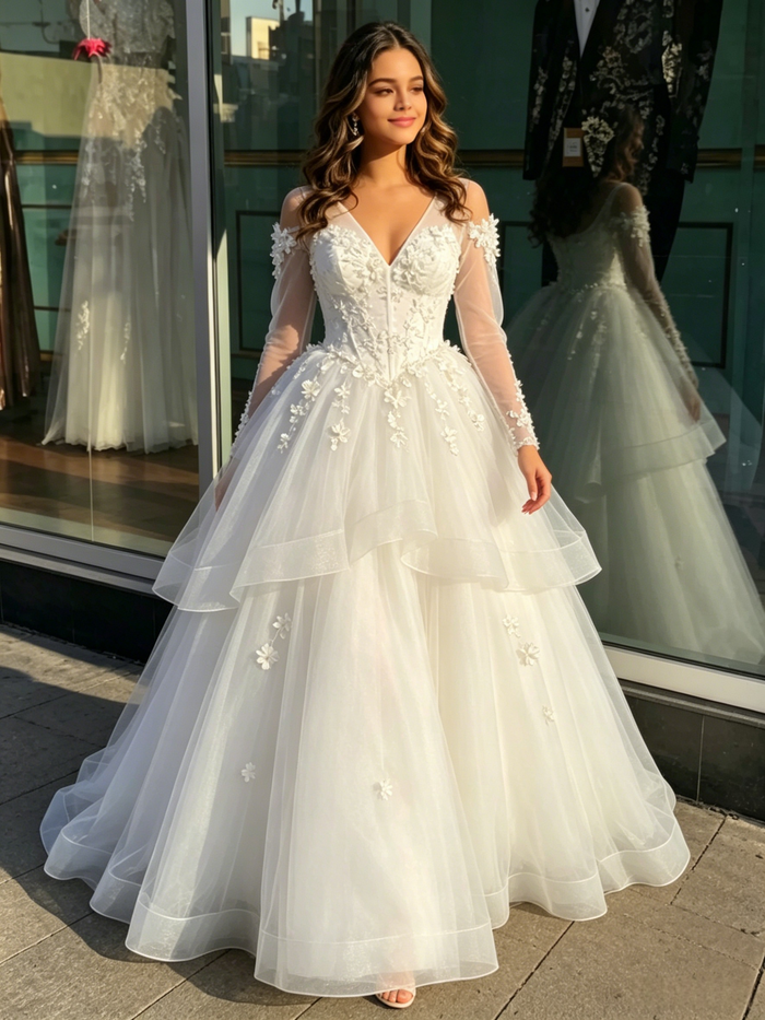 White Tulle V-neck Long Sleeve Appliques Quinceanera Dress