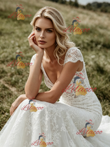White Mermaid Lace V-neck Cap Sleeve Wedding Dress