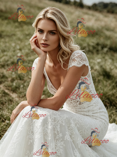 White Mermaid Lace V-neck Cap Sleeve Wedding Dress