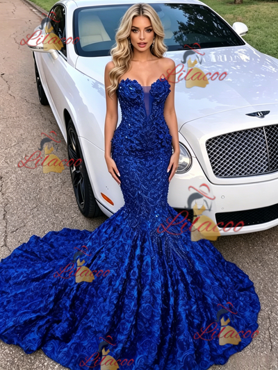 Navy Blue Mermaid Strapless Prom Dress