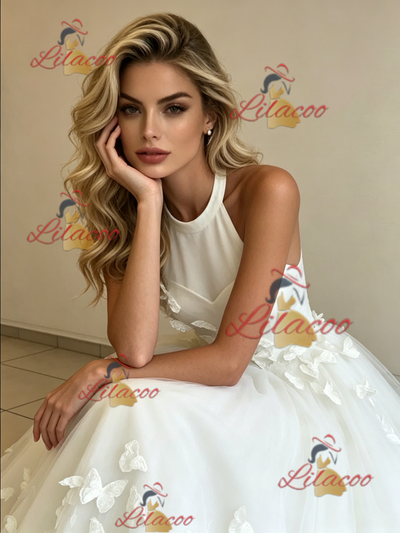 White Tulle Halter Butterfly Wedding Dress