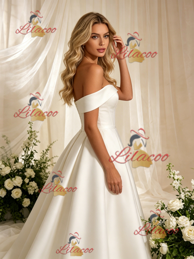 Beige White Satin Off the Shoulder Wedding Dress
