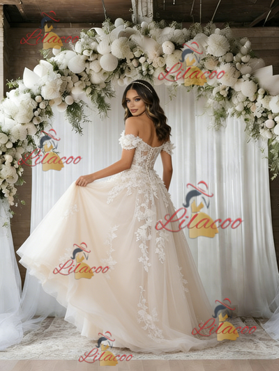 Beige White Lace Off the Shoulder Appliques Wedding Dress