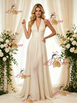 Ivory Chiffon Pleats Backless Pleats Wedding Dress