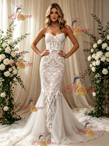 White Mermaid Lace Spaghetti Straps Wedding Dress