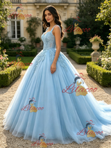 Blue Tulle Straps Appliques Quinceanera Dress