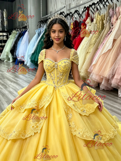 Yellow Tulle Appliques Beading Quinceanera Dress