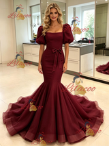 Burgundy Mermaid Tulle Puff Sleeve Prom Dress