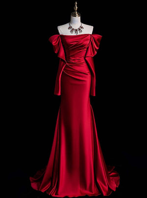 Burgundy Mermaid Satin Pleats Prom Dress