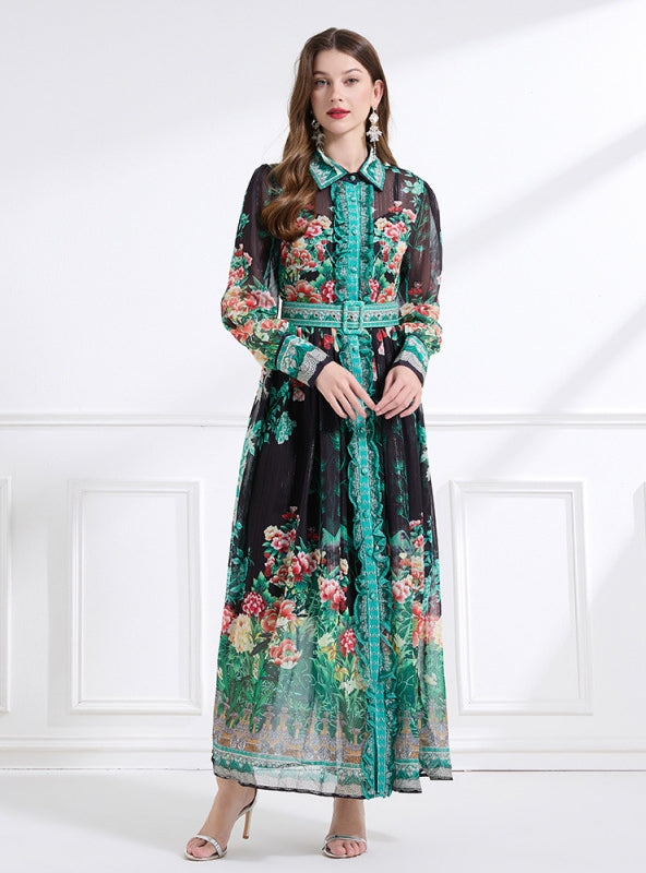 Bow Short Lapel Long Sleeve Printed Dress