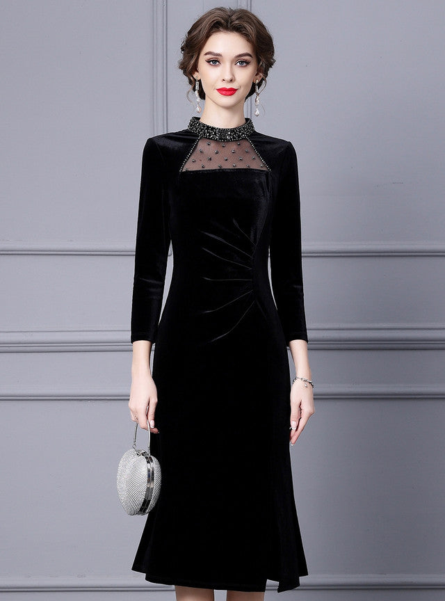 Black Velvet Beading Mother Of The Bride Dress