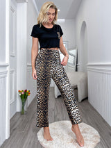 Waist-exposed Short-sleeved Leopard Print Trousers Suit