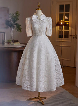 White Lace High Neck Short Sleeve Wedding Dress