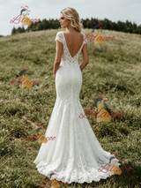 White Mermaid Lace V-neck Cap Sleeve Wedding Dress