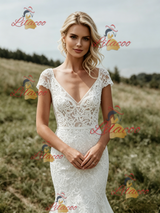 White Mermaid Lace V-neck Cap Sleeve Wedding Dress