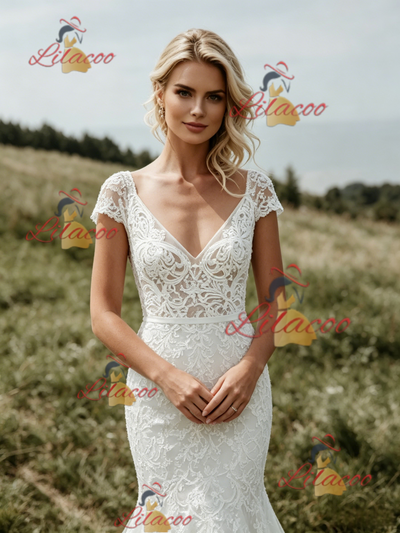 White Mermaid Lace V-neck Cap Sleeve Wedding Dress