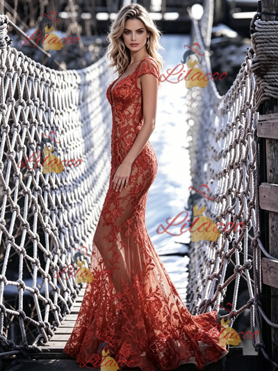 Sexy Mermaid Lace Cap Sleeve Prom Dress