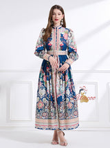 Long Sleeve Retro Print Long Dress