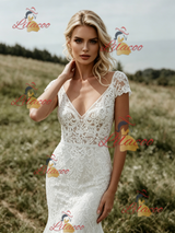 White Mermaid Lace V-neck Cap Sleeve Wedding Dress