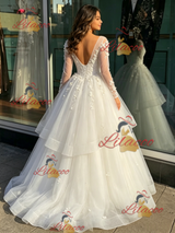 White Tulle V-neck Long Sleeve Appliques Quinceanera Dress