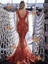 Sexy Mermaid Lace Cap Sleeve Prom Dress