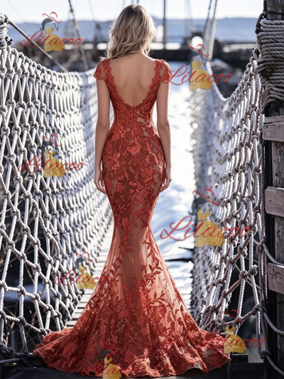 Sexy Mermaid Lace Cap Sleeve Prom Dress